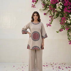 Beige Printed Co-Ord Set for Women | Contemporary Ethnic Kurta & Palazzo Set