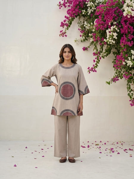 Beige Printed Co-Ord Set for Women | Contemporary Ethnic Kurta & Palazzo Set