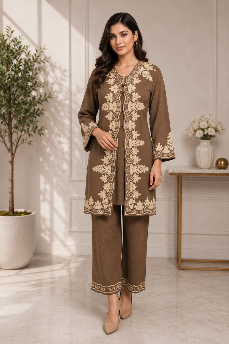 Kashmira Noor Embroidered Winter Co-ord Set – Mocha Brown