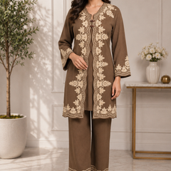Kashmira Noor Embroidered Winter Co-ord Set – Mocha Brown