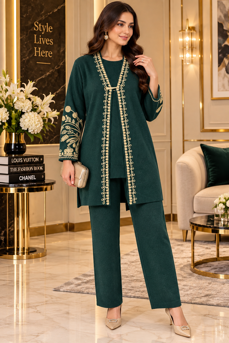Emerald Elegance Embroidered 3-Piece Winter Co-ord Set