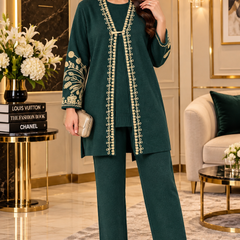 Emerald Elegance Embroidered 3-Piece Winter Co-ord Set