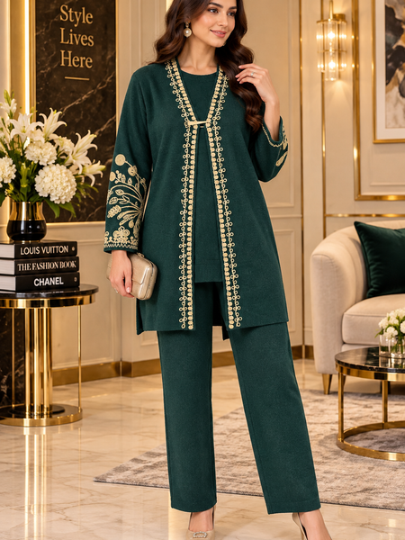Emerald Elegance Embroidered 3-Piece Winter Co-ord Set