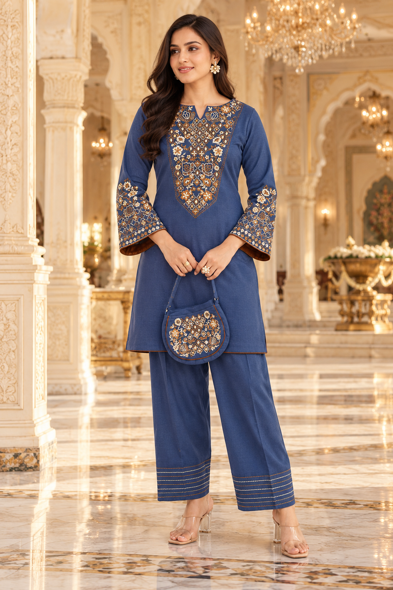 Denim Blue Kashmiri Embroidered  kurti Farshi salwar with Matching Potli Bag