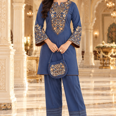 Denim Blue Kashmiri Embroidered  kurti Farshi salwar with Matching Potli Bag