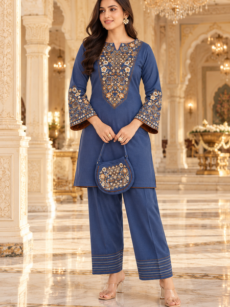 Denim Blue Kashmiri Embroidered  kurti Farshi salwar with Matching Potli Bag
