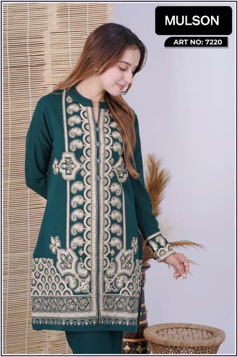 Wrap yourself in refined winter elegance with this premium wool embroidered set. Thoughtfully tailored for comfort and sophistication, this outfit features intricate hand-style embroidery that adds a luxurious ethnic charm. Perfect for graceful winter sty
