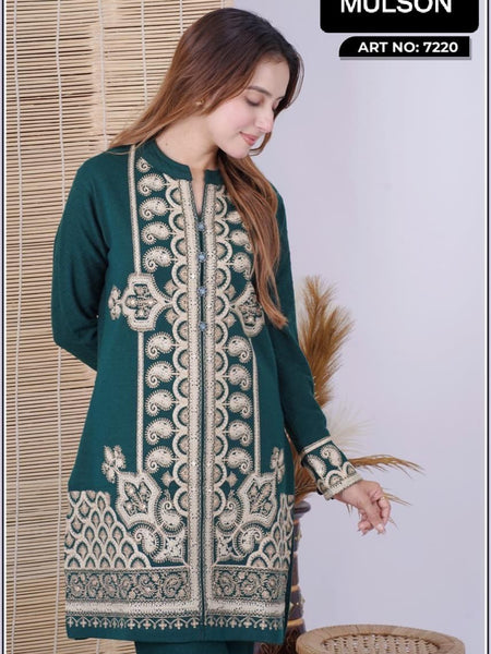 Wrap yourself in refined winter elegance with this premium wool embroidered set. Thoughtfully tailored for comfort and sophistication, this outfit features intricate hand-style embroidery that adds a luxurious ethnic charm. Perfect for graceful winter sty