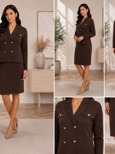 Coffee Brown Premium Knit Double-Breasted Blazer & Knee-Length Skirt Co-ord Set