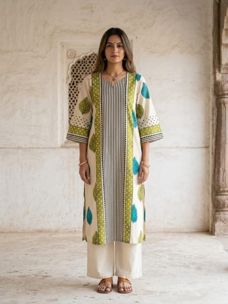 Mulson Ivory Leaf Stripe Kurta Set