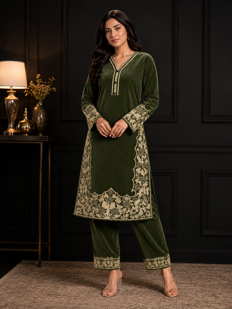 Peacock Blue Premium Velvet Embroidered Co-ord Set for Women