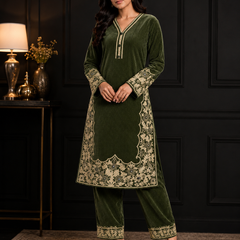 Peacock Blue Premium Velvet Embroidered Co-ord Set for Women