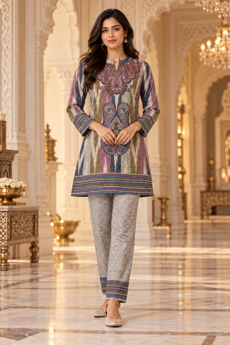 Multicolour Paisley Print Co-ord Set with Striped Borders