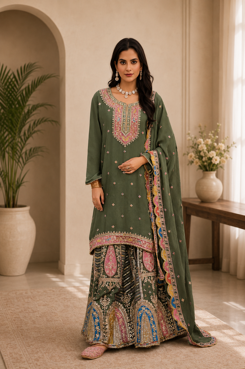 Women’s Charcoal Grey Embroidered Kurta with Printed Sharara & Dupatta | Designer Festive Ethnic Suit Set