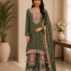 Women’s Charcoal Grey Embroidered Kurta with Printed Sharara & Dupatta | Designer Festive Ethnic Suit Set
