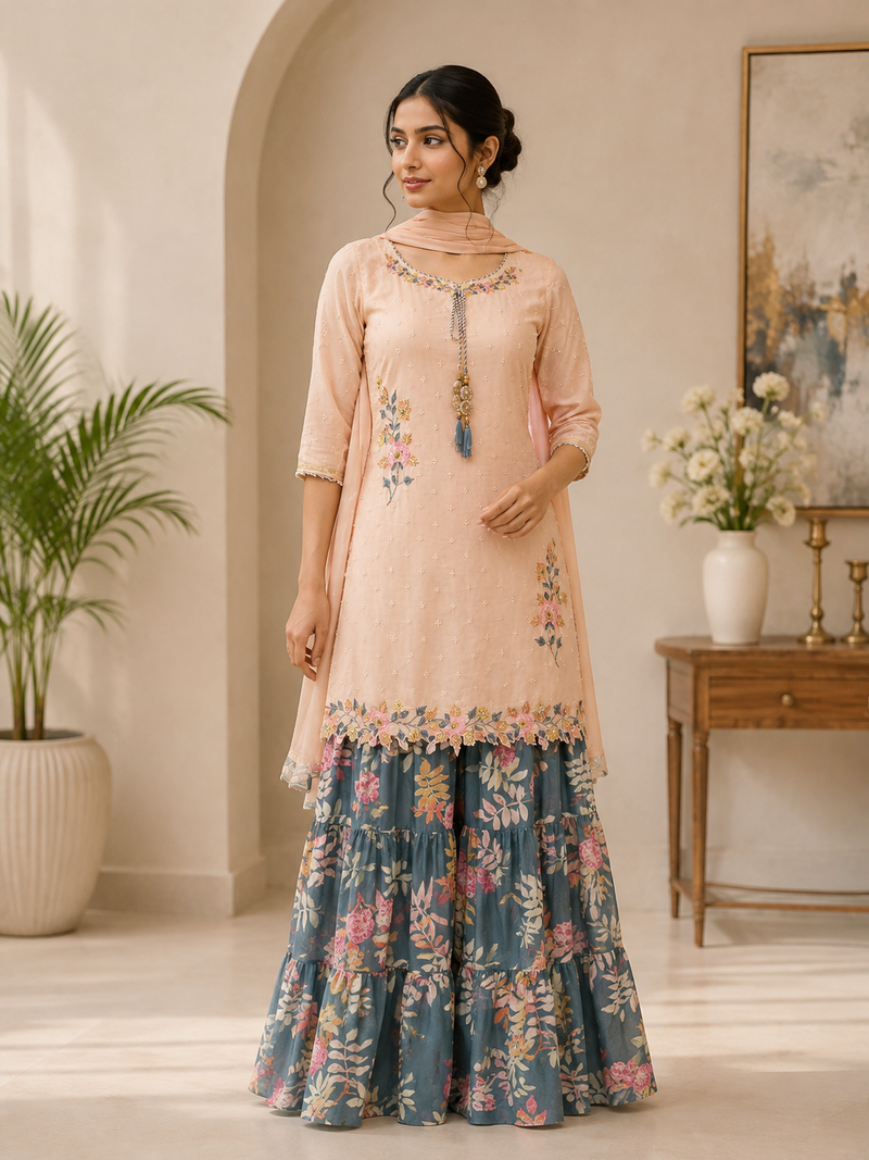 Women’s Peach Embroidered Kurta Sharara Set with Floral Tiered Sharara & Dupatta | Elegant Ethnic Wear