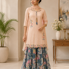 Women’s Peach Embroidered Kurta Sharara Set with Floral Tiered Sharara & Dupatta | Elegant Ethnic Wear