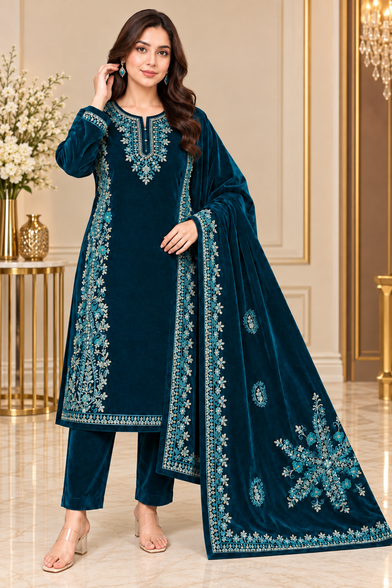 Corduroy Embroidered Velvet 3-Piece Suit Set with Dupatta