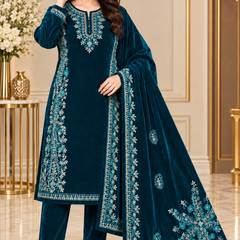 Corduroy Embroidered Velvet 3-Piece Suit Set with Dupatta