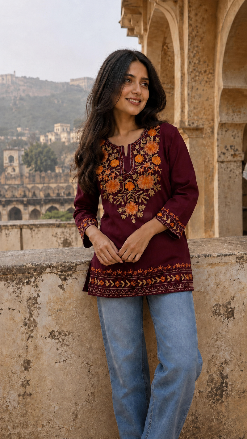 Ivory Floral Embroidered Short Kurti for Women
