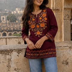 Ivory Floral Embroidered Short Kurti for Women