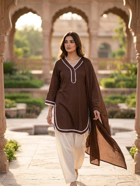 Olive Green Cotton Suit Set with Dupatta for Women | Solid Kurta & Patiala Salwar Set