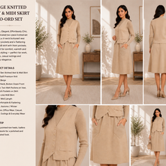 Beige Premium Knitted Waistcoat & A-Line Midi Dress Co-ord Set for Women