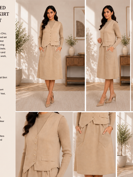 Beige Premium Knitted Waistcoat & A-Line Midi Dress Co-ord Set for Women