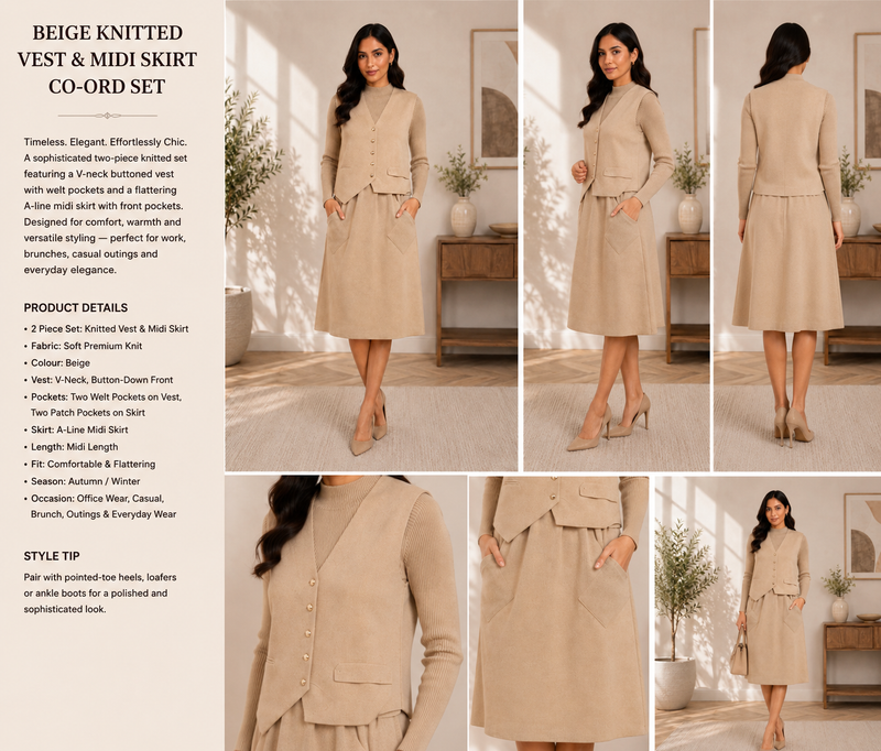 Beige Premium Knitted Waistcoat & A-Line Midi Dress Co-ord Set for Women