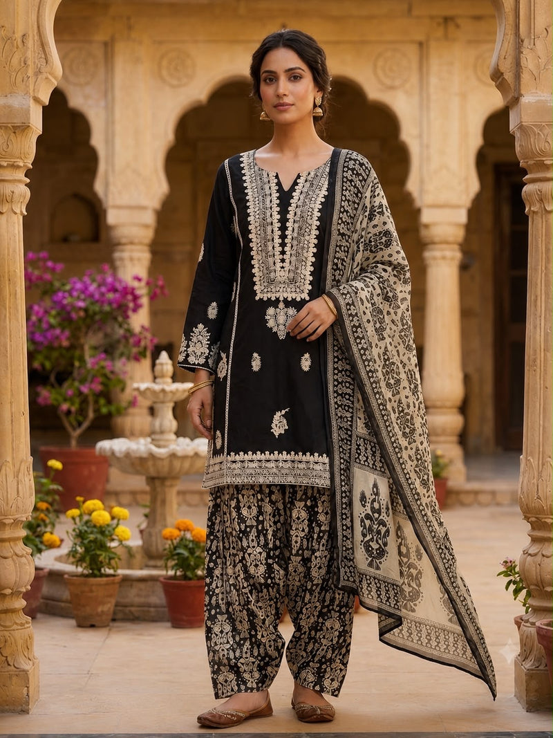 Women’s Black Cotton Printed Patiala Suit Set with Dupatta | Ethnic Embroidered Kurta, Salwar & Dupatta