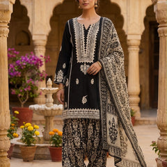 Women’s Black Cotton Printed Patiala Suit Set with Dupatta | Ethnic Embroidered Kurta, Salwar & Dupatta