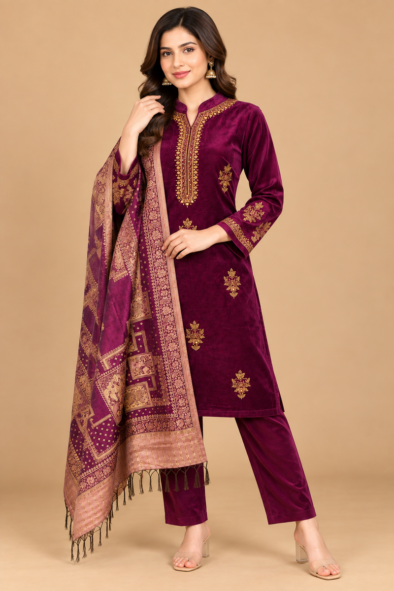 Royal Plum Velvet Embroidered 3-Piece Suit Set with Printed Shawl