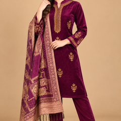 Royal Plum Velvet Embroidered 3-Piece Suit Set with Printed Shawl
