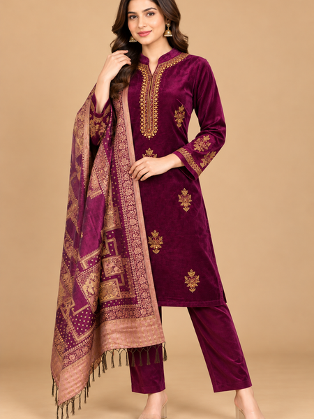 Royal Plum Velvet Embroidered 3-Piece Suit Set with Printed Shawl