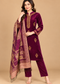 Royal Plum Velvet Embroidered 3-Piece Suit Set with Printed Shawl