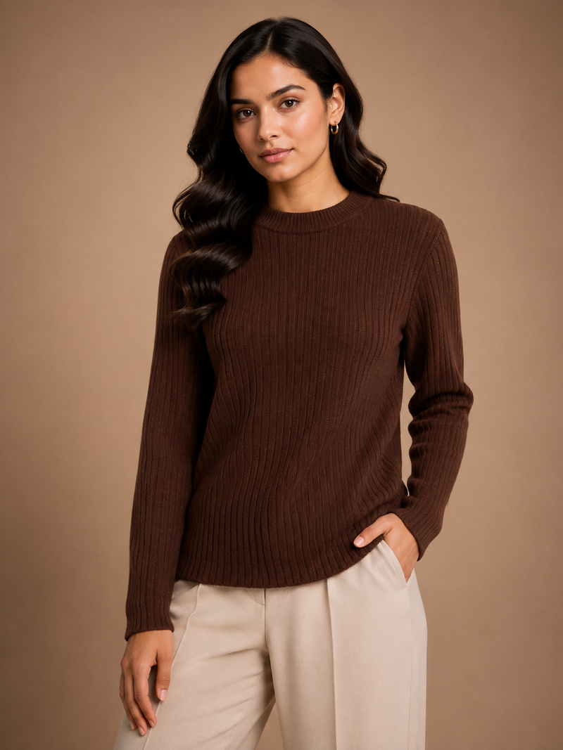 Women’s Chocolate Brown Ribbed Knit Round Neck Sweater