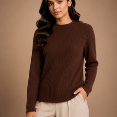 Women’s Chocolate Brown Ribbed Knit Round Neck Sweater