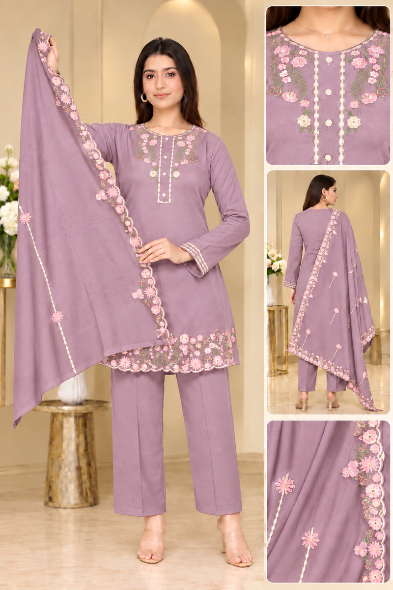 Floral Embroidered 3-Piece Suit Set with Dupatta for Women