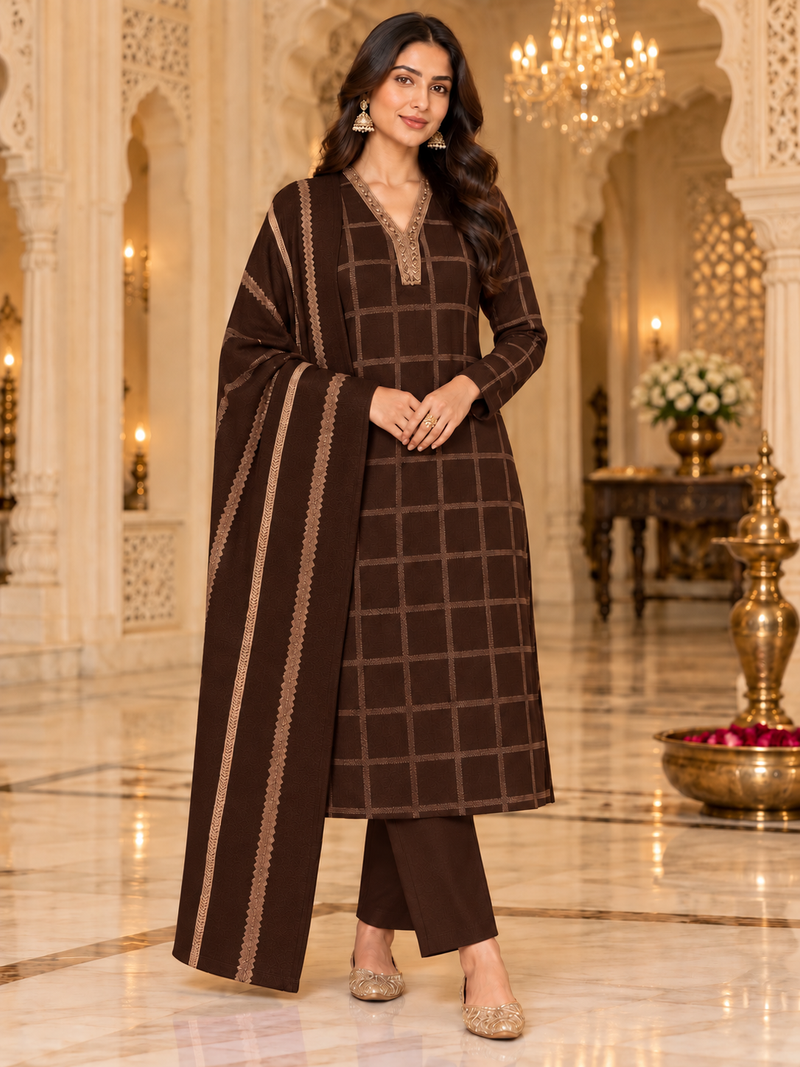 Checkered Winter Suit Set with Dupatta