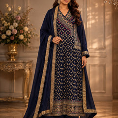 Women’s Navy Blue Embroidered Kurta Palazzo Set with Dupatta | Festive & Wedding Ethnic Wear