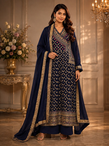 Women’s Navy Blue Embroidered Kurta Palazzo Set with Dupatta | Festive & Wedding Ethnic Wear