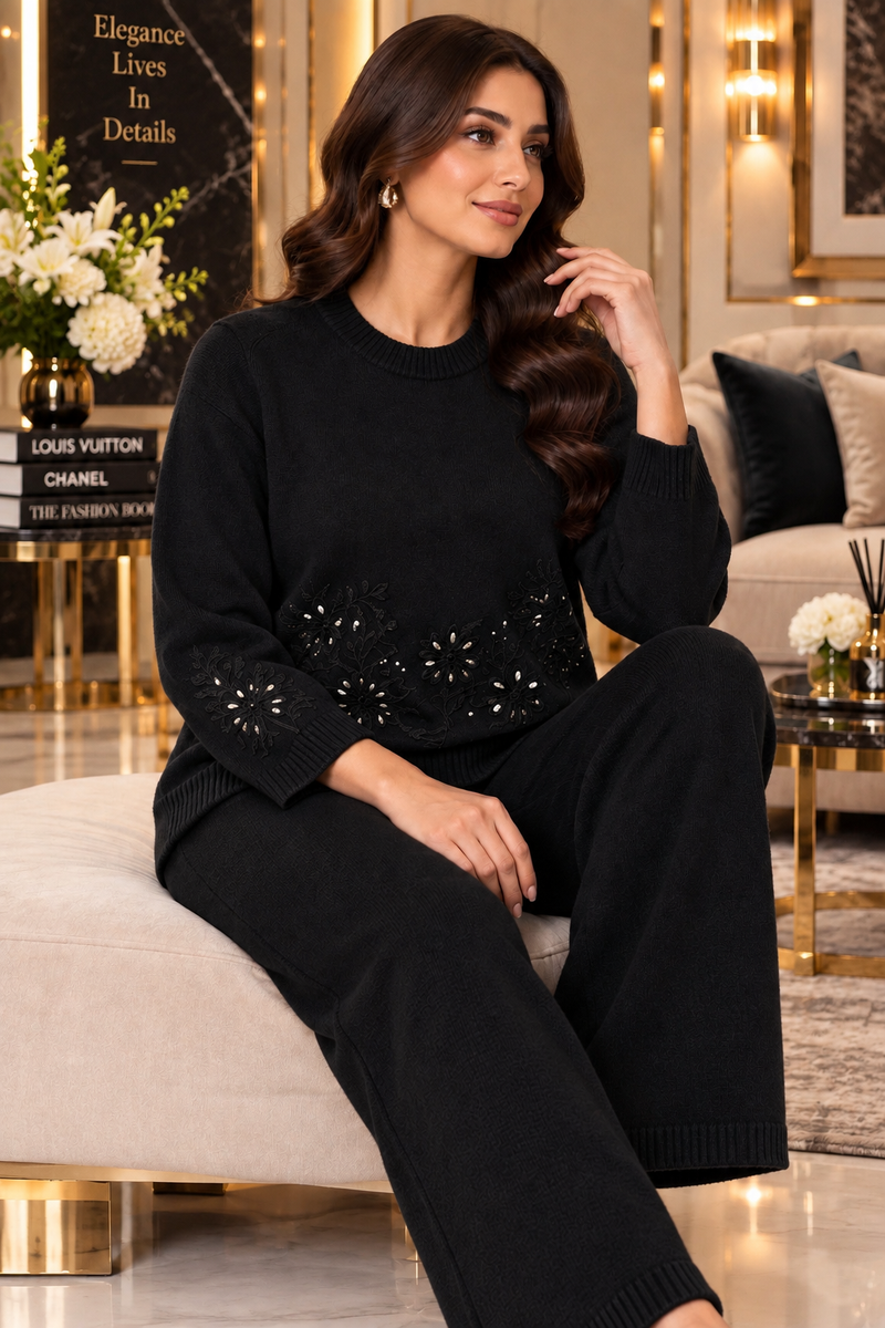 Embellished Floral Knitted Winter Co-ord Set for Women