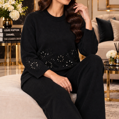 Embellished Floral Knitted Winter Co-ord Set for Women