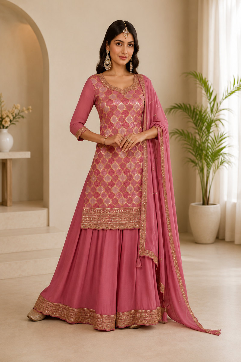 Women’s Rose Pink Embroidered Kurta Sharara Set with Dupatta | Festive 3-Piece Ethnic Suit