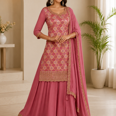Women’s Rose Pink Embroidered Kurta Sharara Set with Dupatta | Festive 3-Piece Ethnic Suit