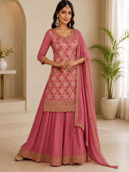 Women’s Rose Pink Embroidered Kurta Sharara Set with Dupatta | Festive 3-Piece Ethnic Suit
