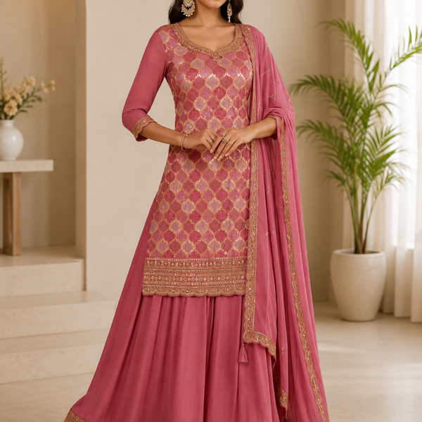 Women’s Rose Pink Embroidered Kurta Sharara Set with Dupatta | Festive 3-Piece Ethnic Suit