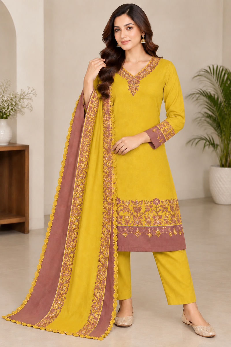 Woollen Embroidered Winter Suit Set with Stole