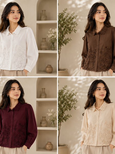 Women’s Floral Embroidered Cotton Shirt | Full Sleeve Collared Casual & Office Wear Top