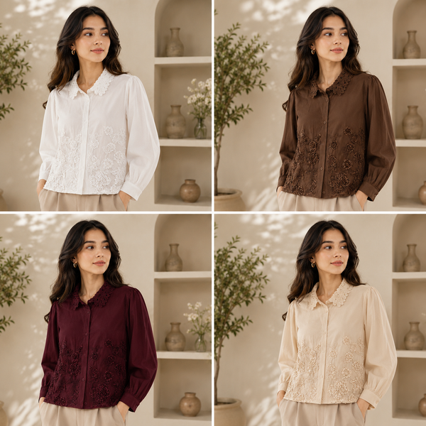 Women’s Floral Embroidered Cotton Shirt | Full Sleeve Collared Casual & Office Wear Top